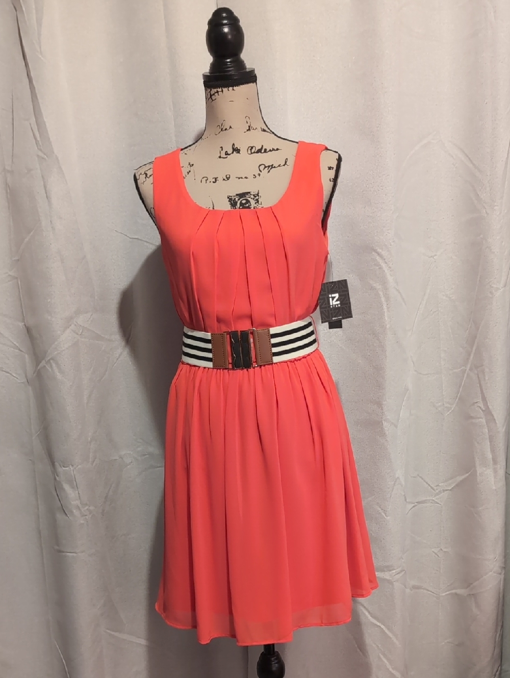 Coral Pleated Tank Dress with Striped Belt, NWT 🧡🍑